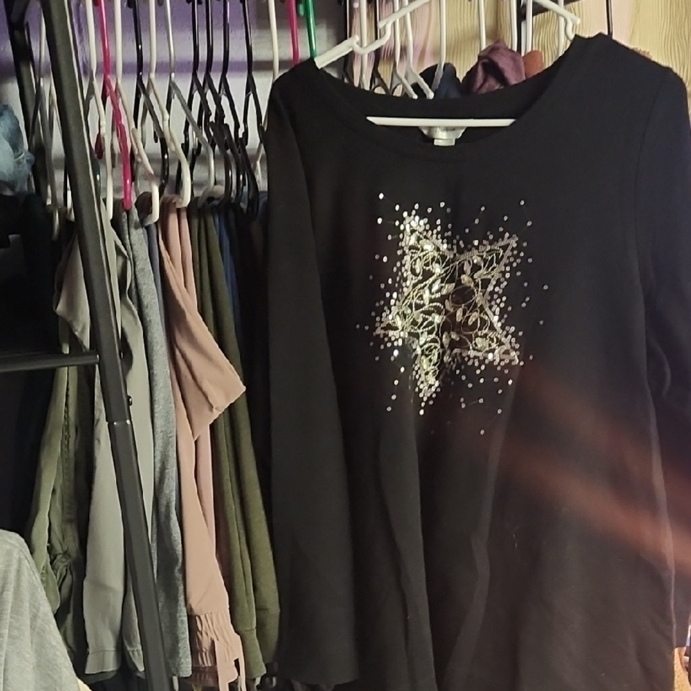 CJ Banks Black Long Sleeve Top with Star Design